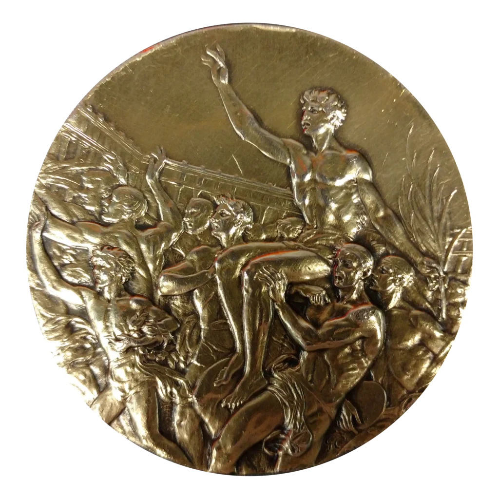 The front side of Myrtle Cook’s Gold Medal from the 1928 Olympic Games held in Amsterdam. The medal reads, "IX Olympiade Amsterdam 1928."