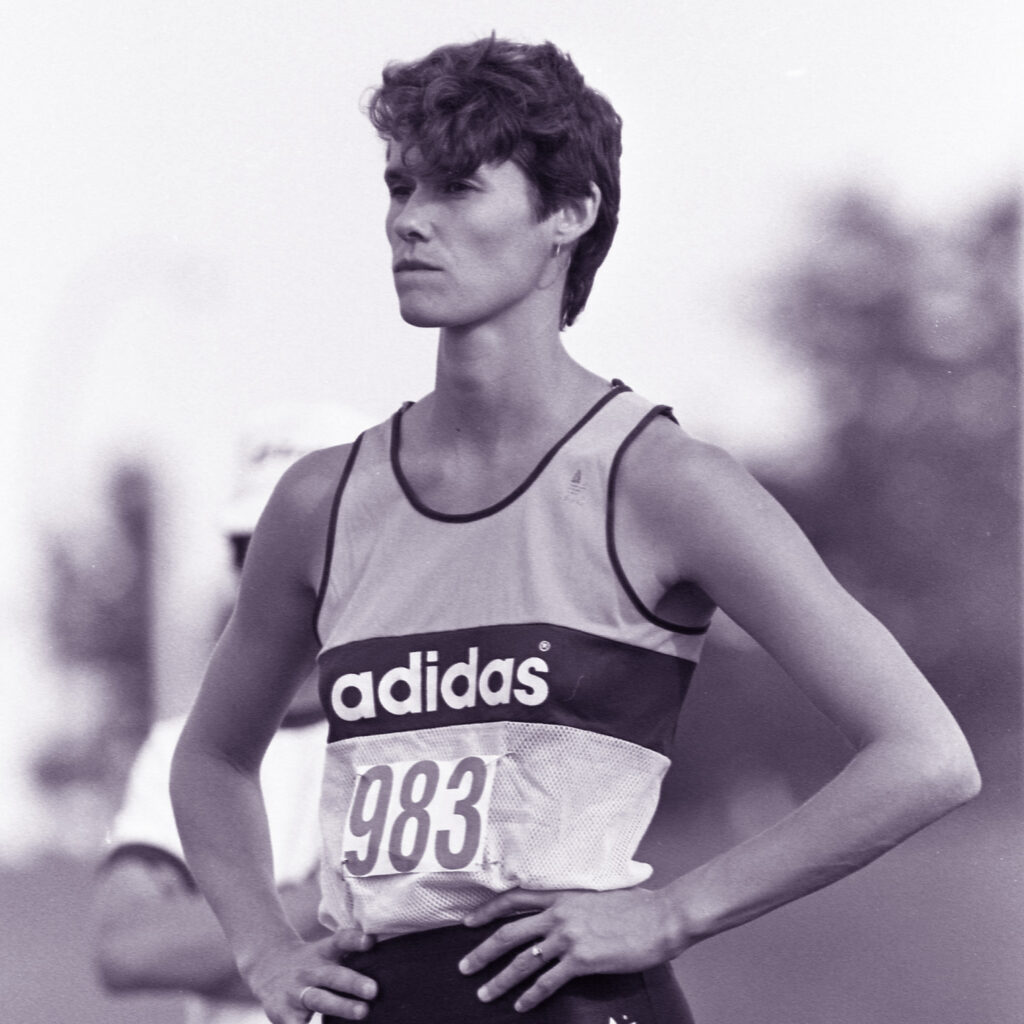 Black and white photo of Debbie Brill in her athletics attire