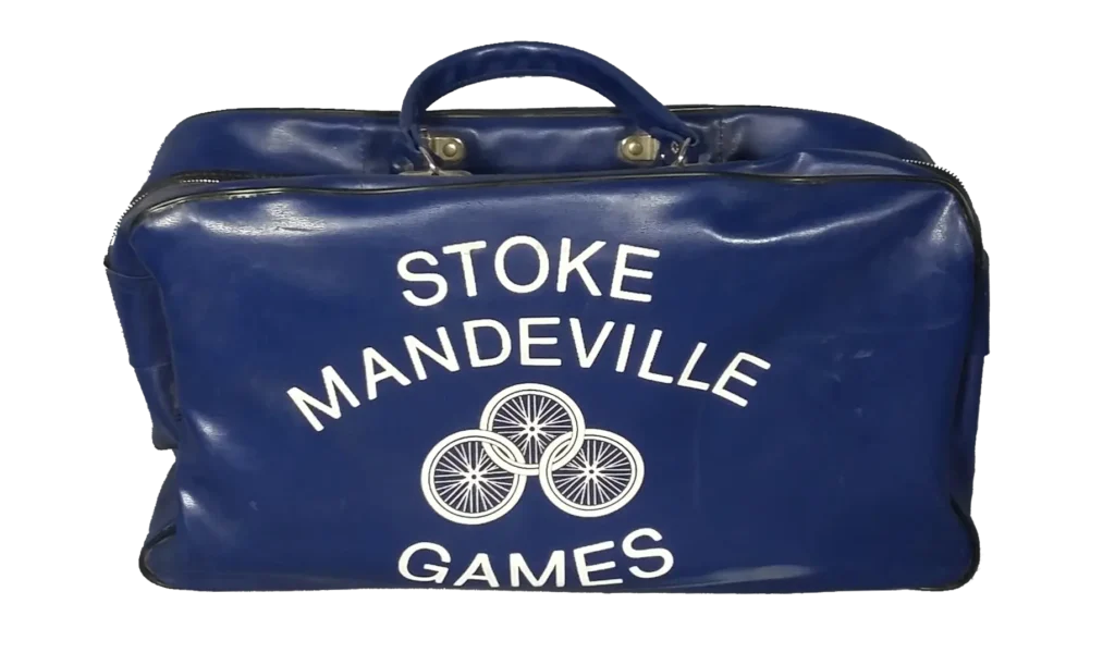 A blue Mandeville Bag. The bag reads "Stoke Mandeville Games."